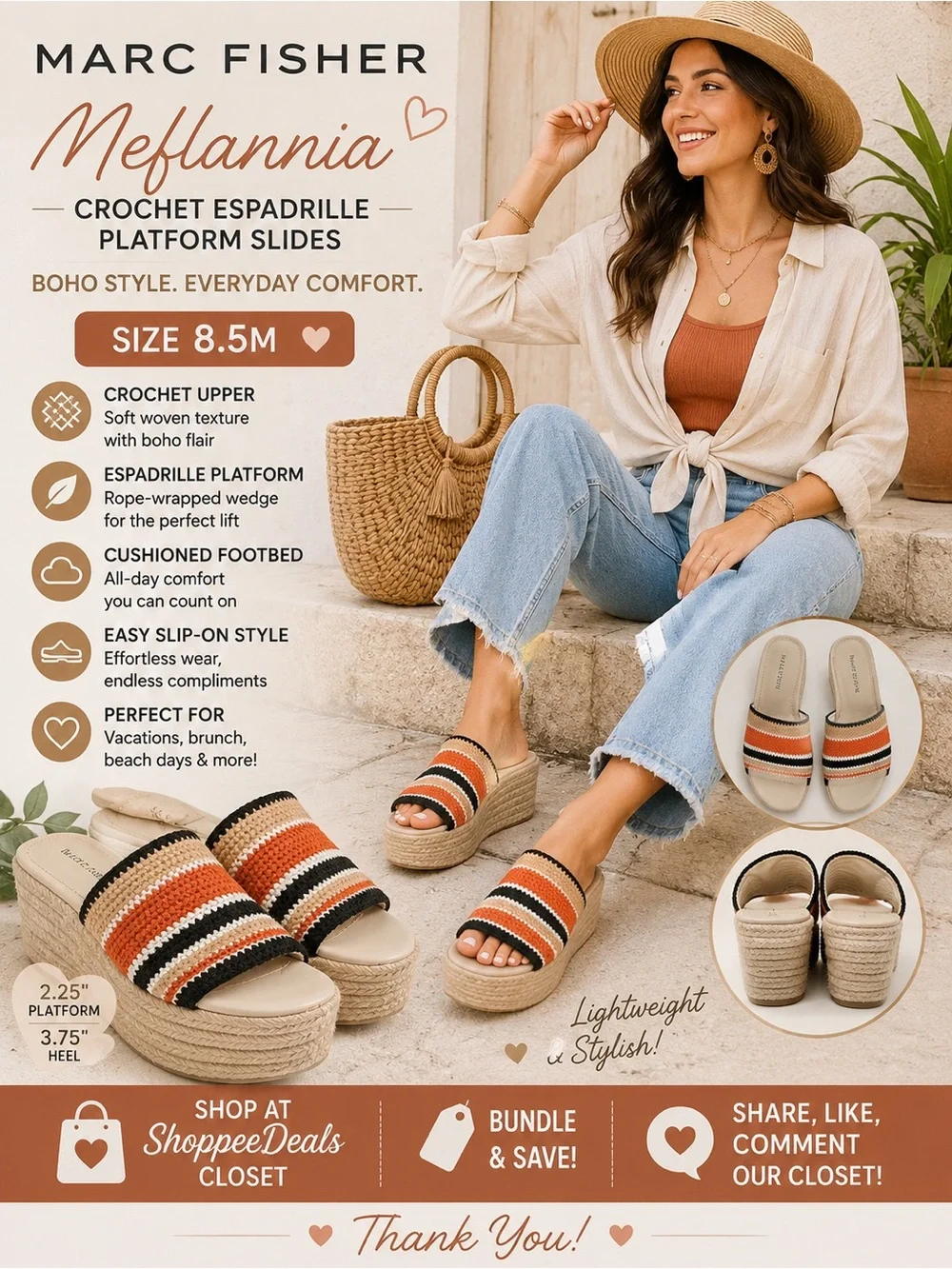 MARC FISHER Meflannia Crochet Espadrille Platform Slide Sandals Size 8.5M